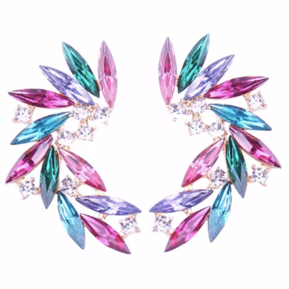 Angel wings multicolor pink, purple, green rhinestone stud statement earrings